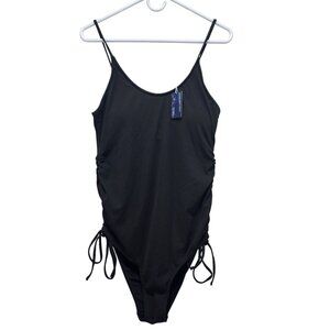 Summer Mae Black Ruched Side One Piece Swimsuit Size M Adjustable Drawstring